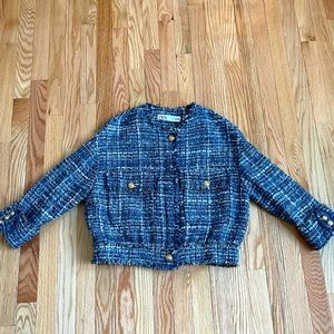 Zara Tweed Blue Gold Button Jacket